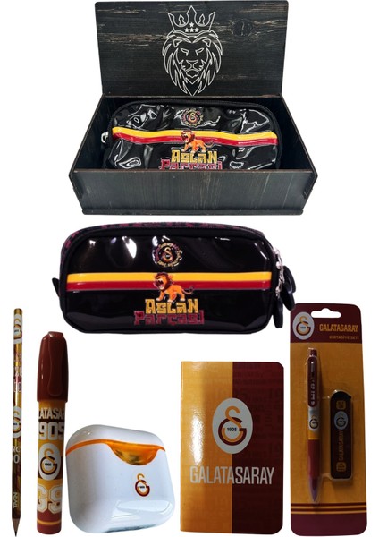 Galatasaray Orjinal Lisanslı Beyaz Air Kalemtraş Ahşap Kutulu 6'lı Kırtasiye Seti