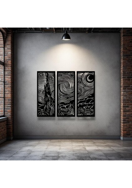 Yıldızlı Gece 3 Parça Metal Duvar Dekoru – Van Gogh Modern Sanat Tasarımı
