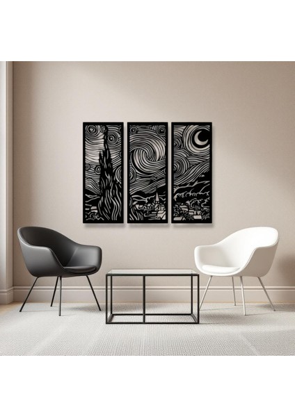 Yıldızlı Gece 3 Parça Metal Duvar Dekoru – Van Gogh Modern Sanat Tasarımı
