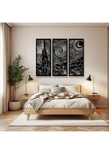 Yıldızlı Gece 3 Parça Metal Duvar Dekoru – Van Gogh Modern Sanat Tasarımı