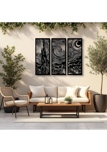Yıldızlı Gece 3 Parça Metal Duvar Dekoru – Van Gogh Modern Sanat Tasarımı