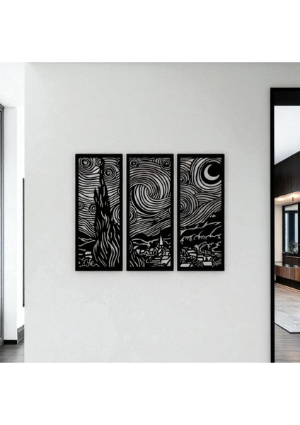 Yıldızlı Gece 3 Parça Metal Duvar Dekoru – Van Gogh Modern Sanat Tasarımı