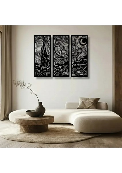 Yıldızlı Gece 3 Parça Metal Duvar Dekoru – Van Gogh Modern Sanat Tasarımı