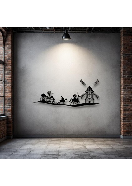 Don Kişot Metal Duvar Dekoru – Atlı Savaşçı ve Değirmen Temalı Sanat Tablosu