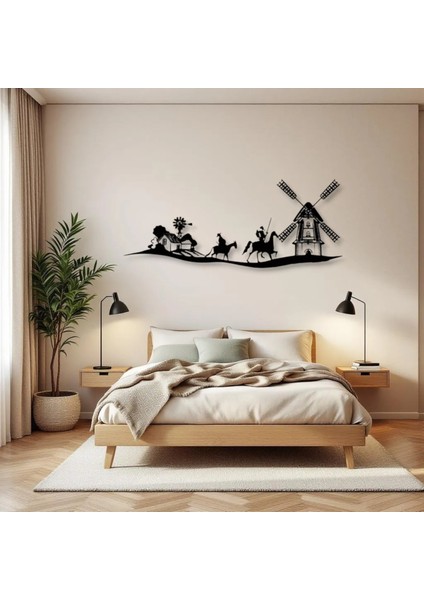 Don Kişot Metal Duvar Dekoru – Atlı Savaşçı ve Değirmen Temalı Sanat Tablosu