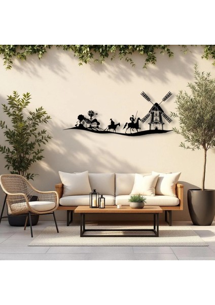 Don Kişot Metal Duvar Dekoru – Atlı Savaşçı ve Değirmen Temalı Sanat Tablosu