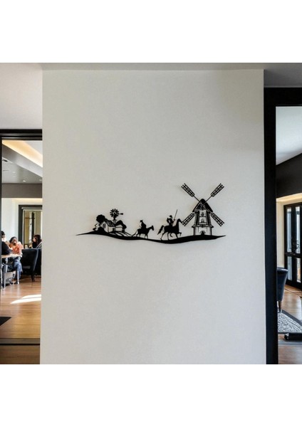 Don Kişot Metal Duvar Dekoru – Atlı Savaşçı ve Değirmen Temalı Sanat Tablosu