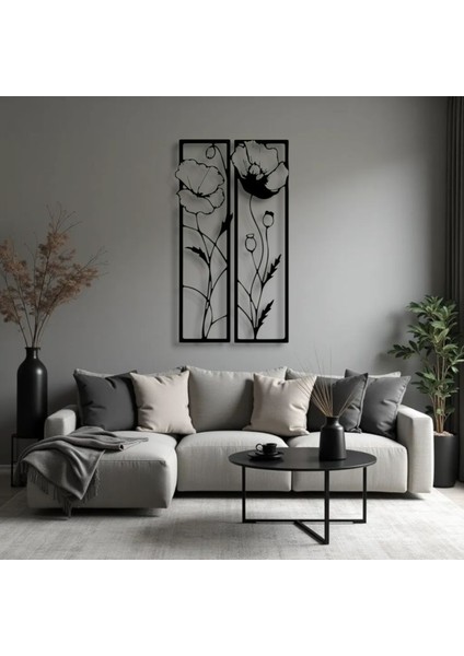 Metal Gelincik Çiçeği Duvar Tablosu 2’li Set – Modern Minimalist Ev Dekoru indirimleri
