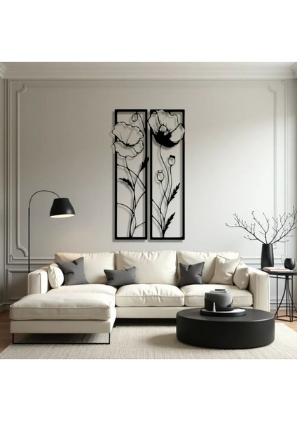 Metal Gelincik Çiçeği Duvar Tablosu 2’li Set – Modern Minimalist Ev Dekoru