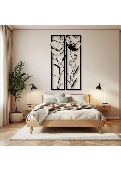 Metal Gelincik Çiçeği Duvar Tablosu 2’li Set – Modern Minimalist Ev Dekoru