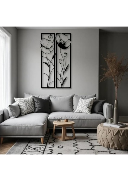 Metal Gelincik Çiçeği Duvar Tablosu 2’li Set – Modern Minimalist Ev Dekoru