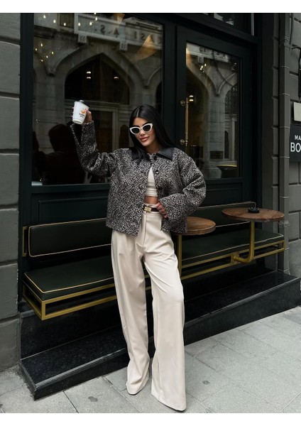 Leopar Desenli Kaşe Kısa Kaban Ceket fiyatları