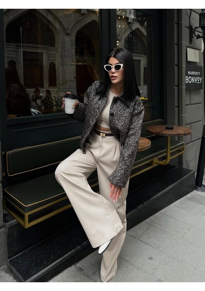 Leopar Desenli Kaşe Kısa Kaban Ceket indirimleri