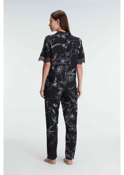 Mdb Mdbshop Yarım Kollu V Yaka Kadın Viskon Çiçek Desenli Yazlık Dokuma Dantel Detaylı Pijama Takımı modelleri