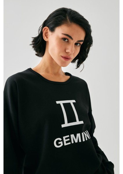 Kadın Siyah Ikizler Burcu Oversize 2 Iplik Eşofman Ev Giyim Takımı