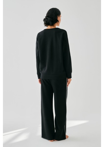 Kadın Siyah Ikizler Burcu Oversize 2 Iplik Eşofman Ev Giyim Takımı
