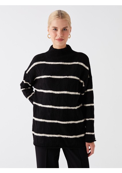 Yeni Sezon Yarım Balıkçı Yaka Çizgili Uzun Kollu Kadın Triko Kazak