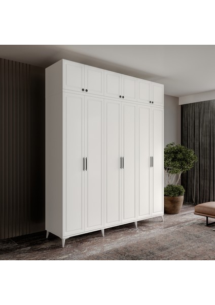Milas 6 Kapaklı Komple Mdf Ayaklı Yüklüklü Gardırop - Elbise Dolabı - Yüklük Dolabı