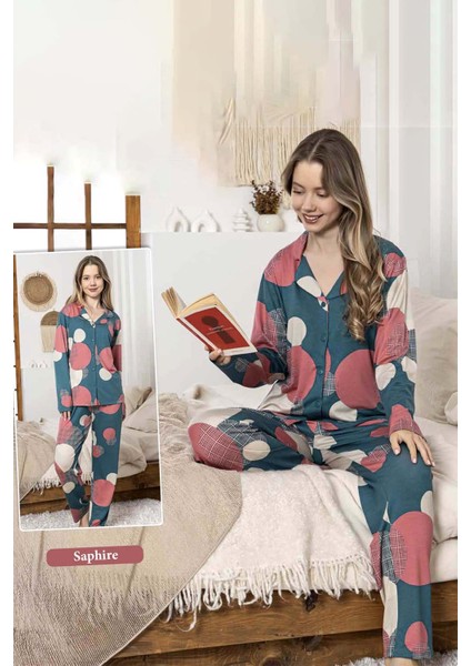 Kadın Daire Desen Düğmeli Saphire Pijama Takımı 0390 Petrol modelleri