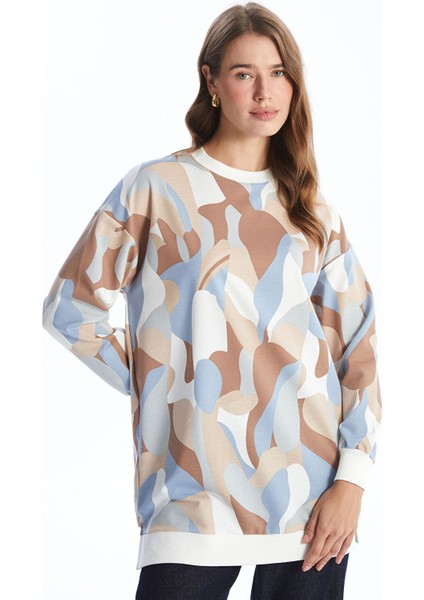 Yeni Sezon Bisiklet Yaka Desenli Kadın Sweatshirt Tunik