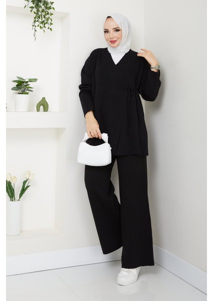 Kadın Yandan Bağlamalı Triko Takım Tesettür - Siyah