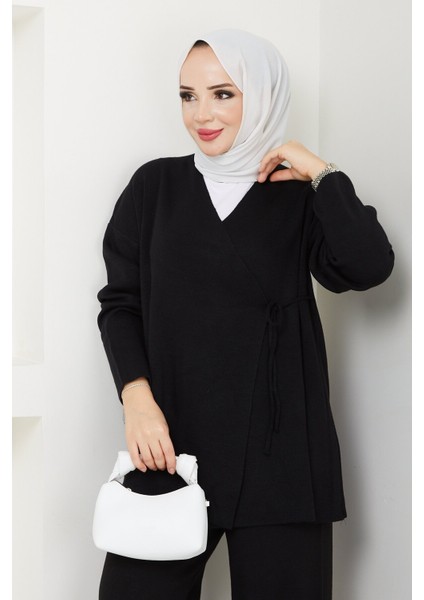 Kadın Yandan Bağlamalı Triko Takım Tesettür - Siyah modelleri