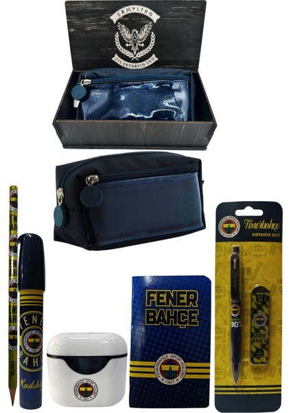 Fenerbahçe Orjinal Lisanslı Beyaz Air Kalemtraş Ahşap Kutulu 6'lı Kırtasiye Seti