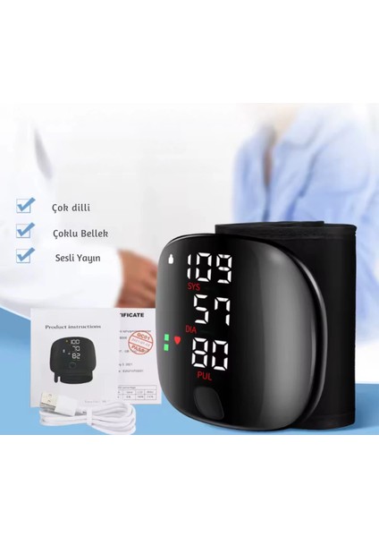 Şarj Edilebilir Dijital Bilek Tansiyon Aleti – Akıllı LCD Ekran, Sesli Uyarı, Ev Kullanımı