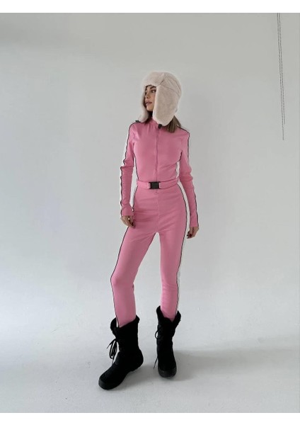 Kemer Detaylı Fermuarlı Tulum - Pembe