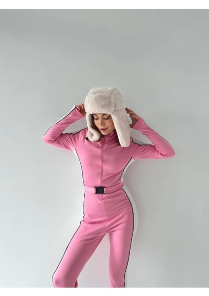 Kemer Detaylı Fermuarlı Tulum - Pembe