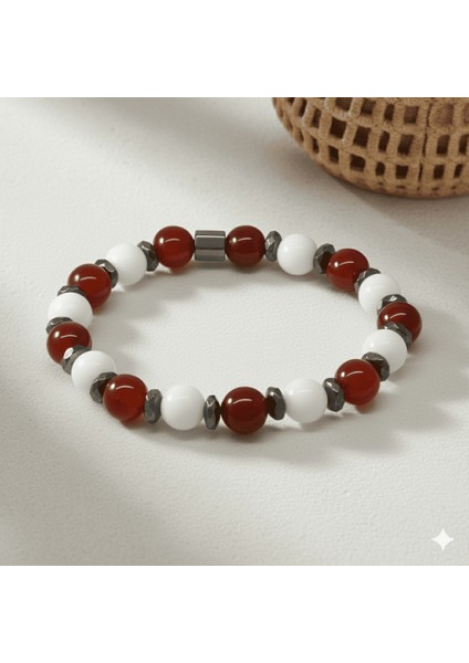 Küre Kesim Kırmızı Beyaz Jade Akik Hematit Doğaltaş Erkek Taraftar Bileklik - M2 fırsatları