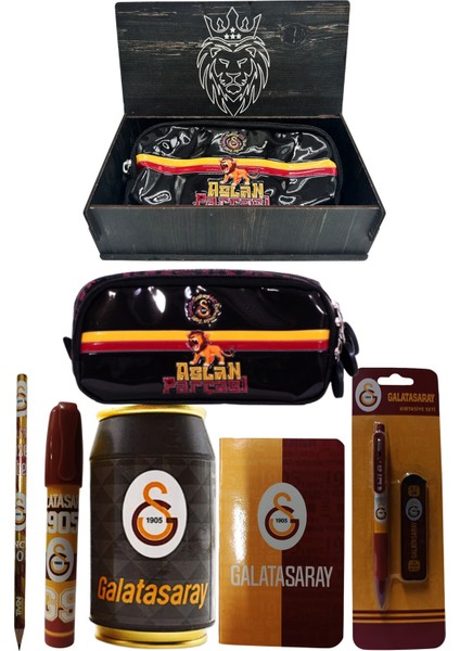 Galatasaray Orjinal Lisanslı Siyah Kutu Kalemtraş Ahşap Kutulu 6'lı Kırtasiye Seti