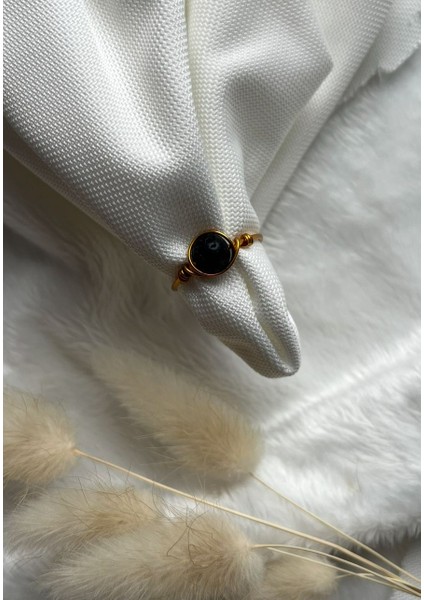 Siyah Lav Taşı Ayarlanabilir Altın Renk Tel Yüzük El Yapımı