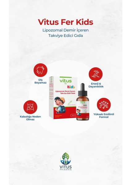 Vitus Fer Kids Lipozomal Demir Içeren Takviye Edici Gıda Diş Boyamaz 15 ml modelleri