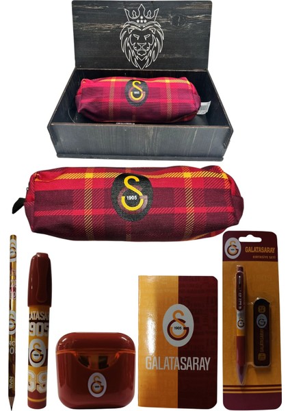 Galatasaray Orjinal Lisanslı Kırmızı Air Kalemtraş Ahşap Kutulu 6'lı Kırtasiye Seti