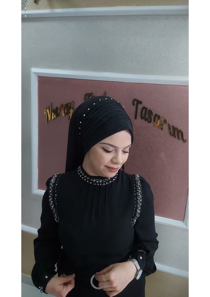 Drapeli Duvaklı Siyah Hazır Türban Hazır Şal