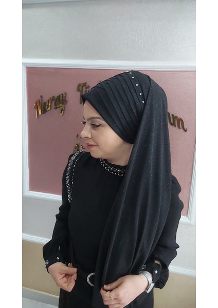 Drapeli Duvaklı Siyah Hazır Türban Hazır Şal fiyatları