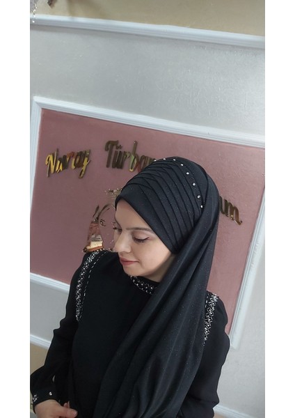 Drapeli Duvaklı Siyah Hazır Türban Hazır Şal modelleri