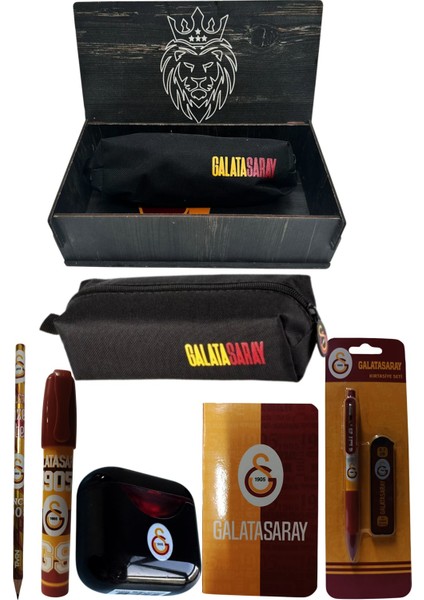 Galatasaray Orjinal Lisanslı Siyah Air Kalemtraş Ahşap Kutulu 6'lı Kırtasiye Seti