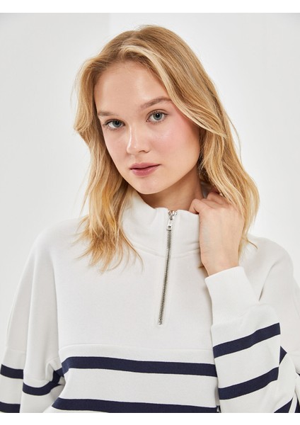 Yeni Sezon Dik Yaka Çizgili Oversize Kadın Kalın Sweatshirt