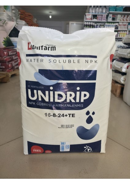 Unidrip 16-8-24 + TE – 25 kg Damlama Gübresi, Potasyum Ağırlıklı NPK, Meyve İrileştirici ve Kalite Destekleyici