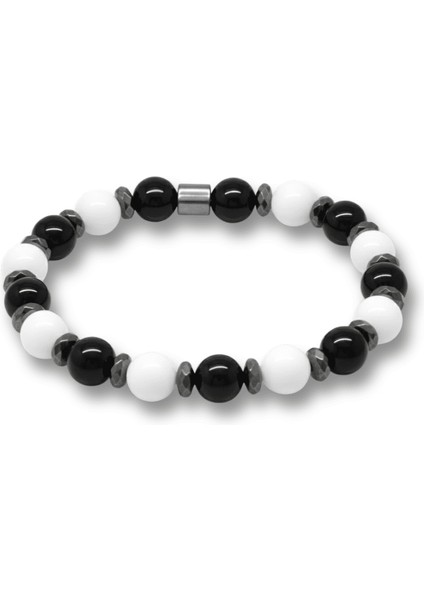Küre Kesim Siyah Beyaz Jade Oniks Hematit Doğaltaş Erkek Taraftar Bileklik - M2
