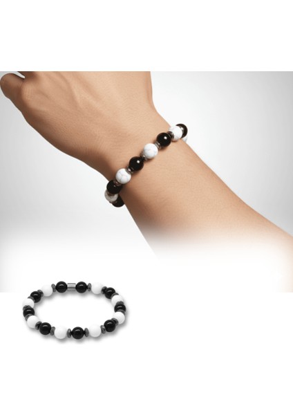 Küre Kesim Siyah Beyaz Jade Oniks Hematit Doğaltaş Erkek Taraftar Bileklik - M2 fiyatları