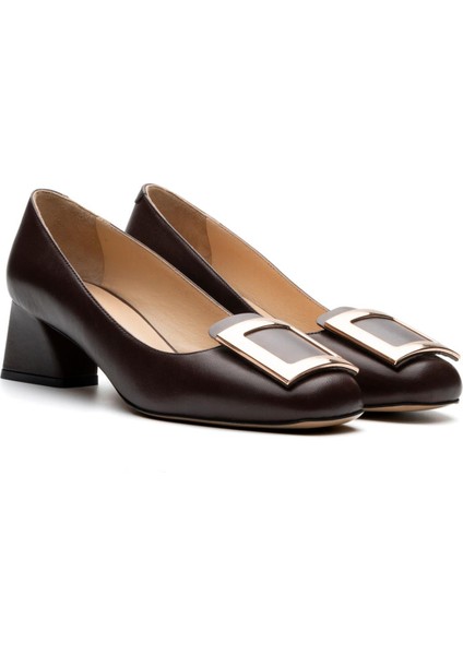 Gesa Kahve Hakiki Deri Kadın Kalın Topuk modelleri