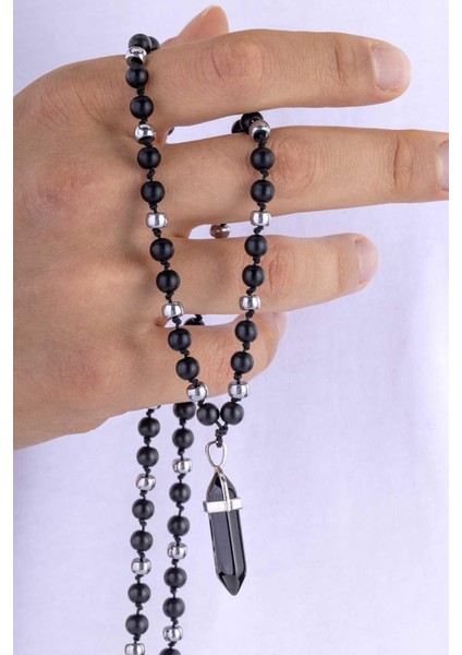 Oniks ve Hematit Taşlı Doğal Taş Erkek Kolye modelleri