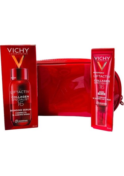 Tüm Cilt Tipleri Için Kolajen Bakım Rutini : Vichy Liftactif Collagen Specialist 16 Bonding Serum 30 ml + Eye Cream 15 ml -Çanta Hediyeli