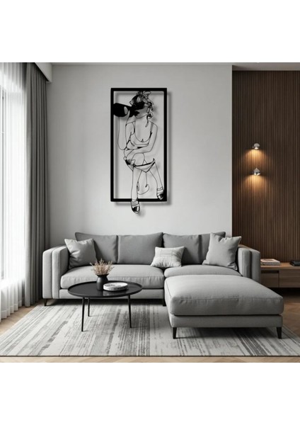 Şarap Tutan Kadın Metal Duvar Dekoru – Modern Minimalist Çizgisel Sanat modelleri