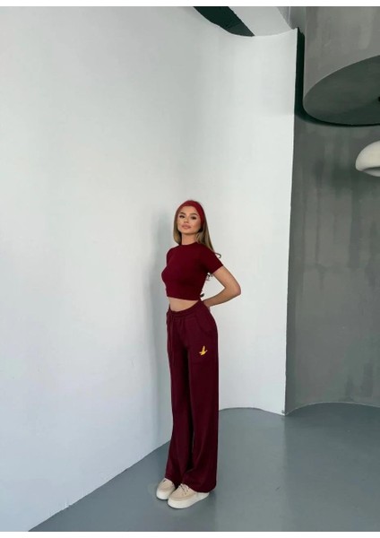 Osy Modal Yumuşak Dokulu Kumaş Nakış Işlemeli Rahat Bol Paça Eşofman Pantalon - Bordo fırsatları