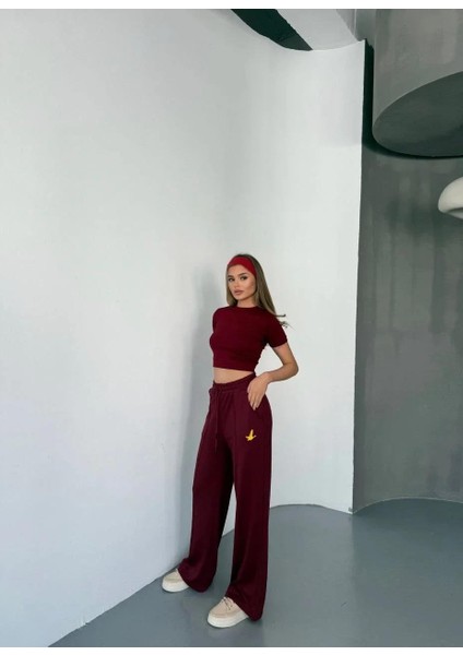 Osy Modal Yumuşak Dokulu Kumaş Nakış Işlemeli Rahat Bol Paça Eşofman Pantalon - Bordo indirimleri