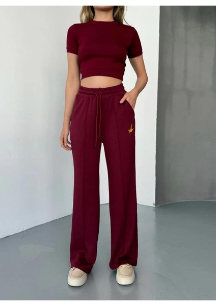 Osy Modal Yumuşak Dokulu Kumaş Nakış Işlemeli Rahat Bol Paça Eşofman Pantalon - Bordo